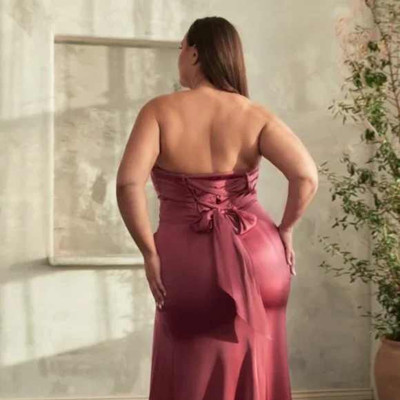 NEW LONG FORMAL STRAPLESS SHEATH SATIN PLUS SIZE DRESS WTIH LACE UP BACK CD326C